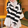 Lace-Trimmed Striped French Terry Sweater with Gathered Sleeves Smoke