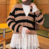 Lace-Trimmed Striped French Terry Sweater with Gathered Sleeves Latte – Bild 4
