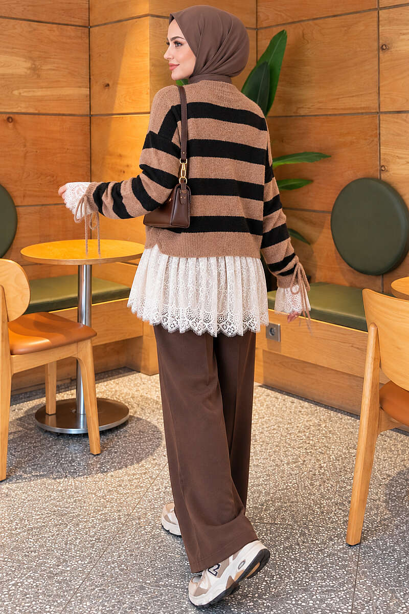 Lace-Trimmed Striped French Terry Sweater with Gathered Sleeves Latte – Bild 2