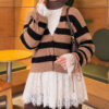 Lace-Trimmed Striped French Terry Sweater with Gathered Sleeves Latte