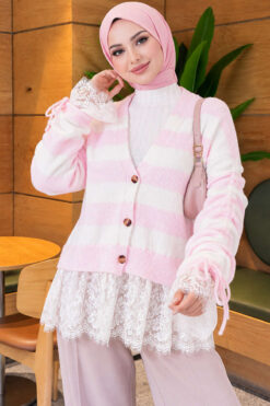 Alternative view of Lace-Trimmed Striped French Terry Sweater with Gathered Sleeves Pink