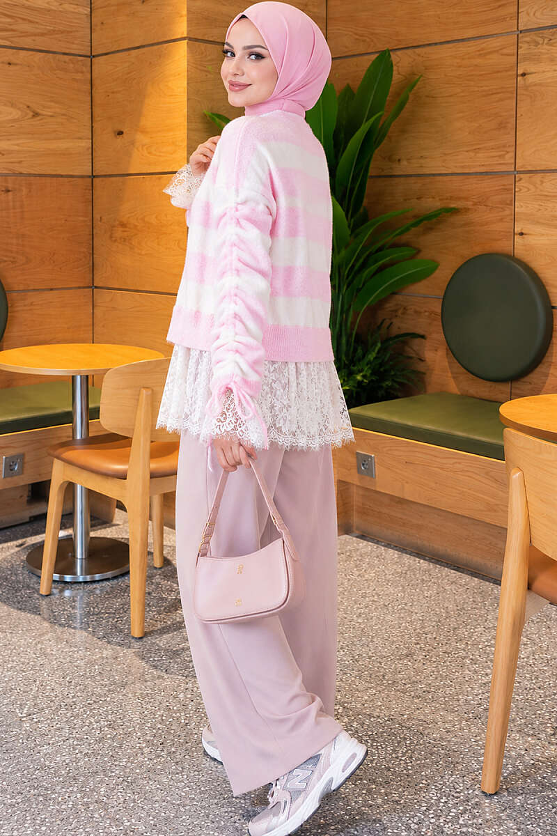 Lace-Trimmed Striped French Terry Sweater with Gathered Sleeves Pink – Bild 4