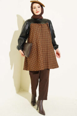 Alternative view of Houndstooth Pattern Tunic with Leather Accents Camel