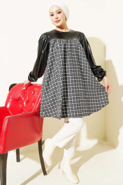 Alternative view of Houndstooth Pattern Tunic with Leather Accents Smoke