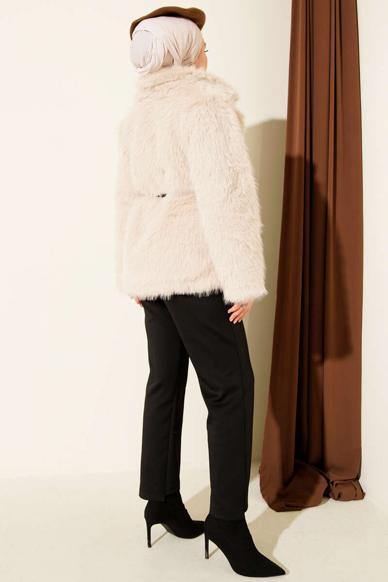 Leather Belted Fur Coat Beige - الصورة 3