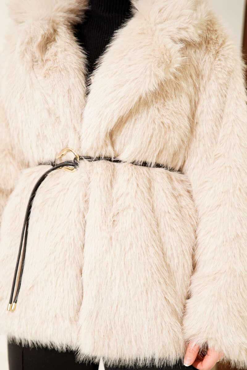 Leather Belted Fur Coat Beige - الصورة 4