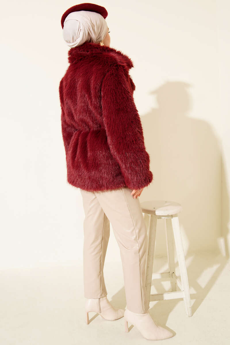 Leather Belted Fur Coat Burgundy - الصورة 3
