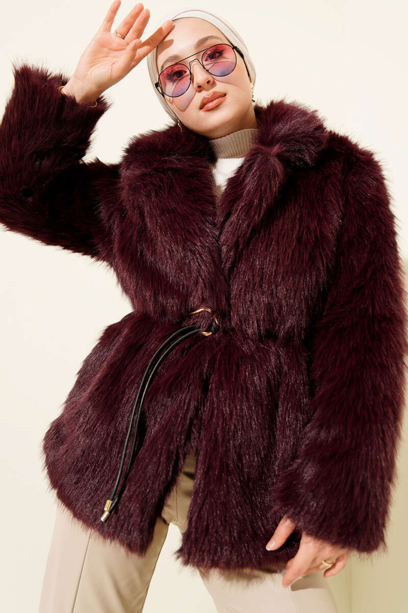 Leather Belted Fur Coat Purple
