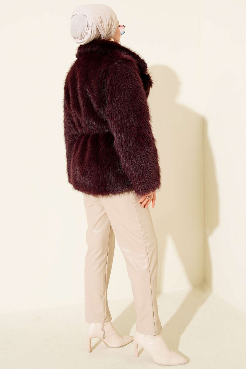 Leather Belted Fur Coat Purple - Image 3