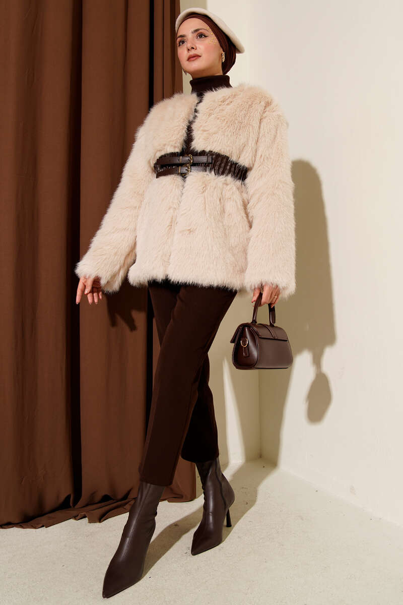 Faux Leather Belted Fur-Trimmed Coat Beige – Bild 2