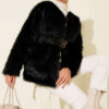 Faux Leather Belted Fur-Trimmed Coat Black