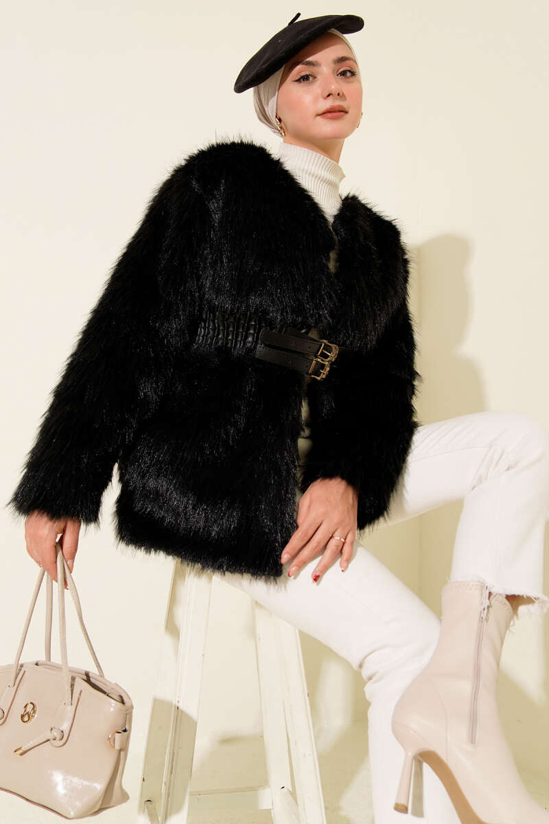 Faux Leather Belted Fur-Trimmed Coat Black
