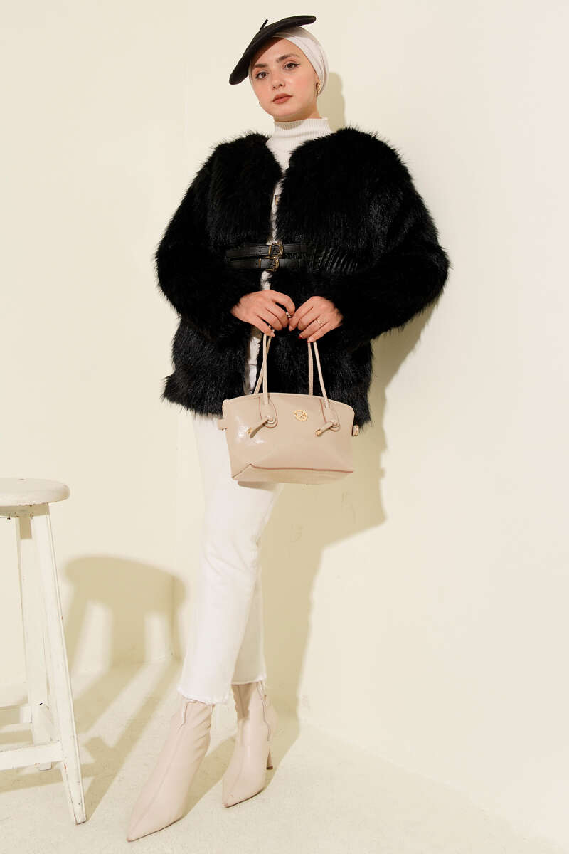 Faux Leather Belted Fur-Trimmed Coat Black - الصورة 2