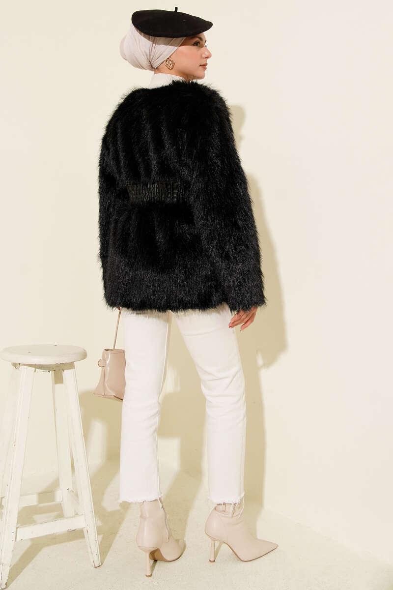 Faux Leather Belted Fur-Trimmed Coat Black - الصورة 3