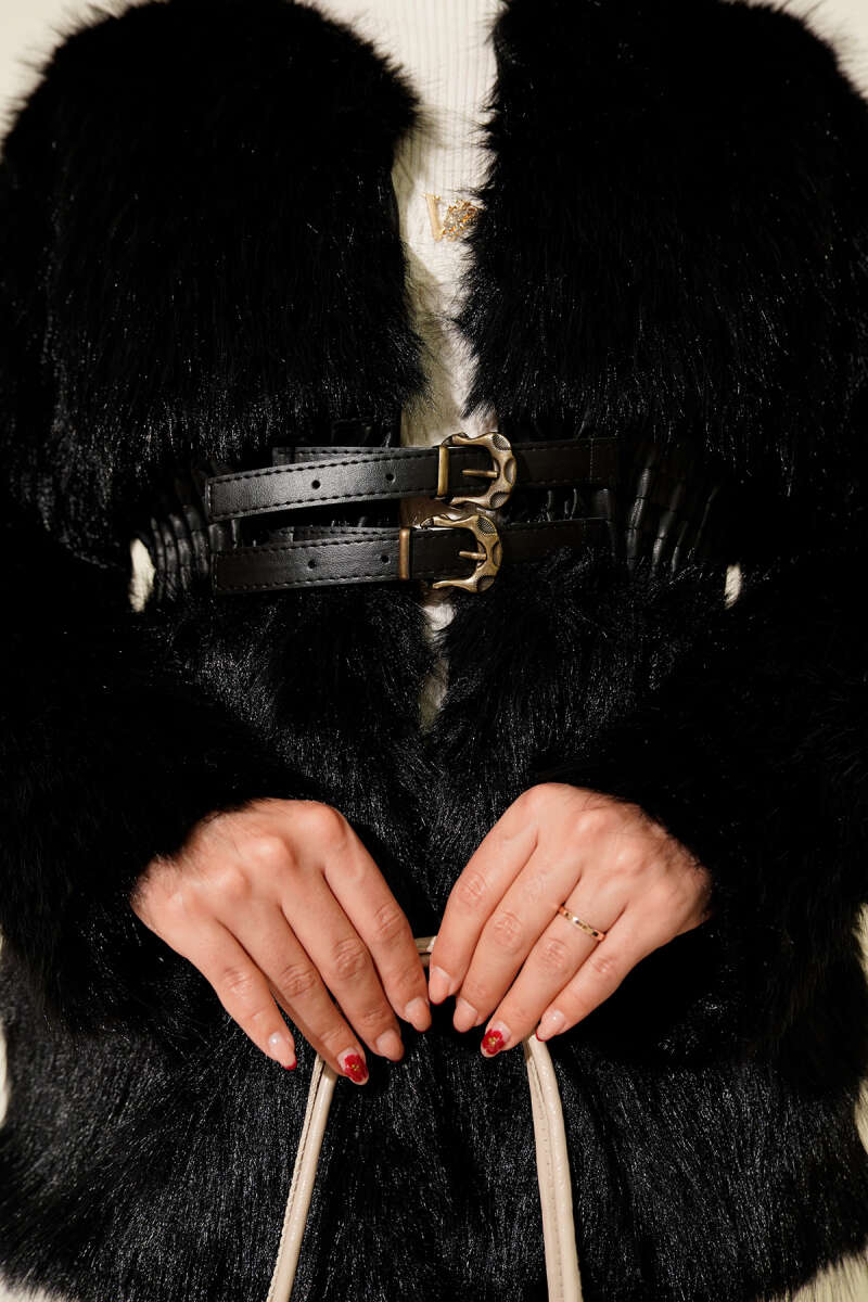 Faux Leather Belted Fur-Trimmed Coat Black - الصورة 4