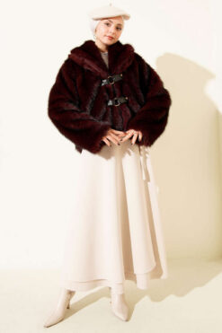 Alternative view of Short Faux Fur Coat with Leather Buckle Accents Burgundy
