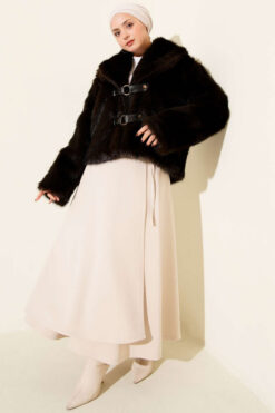 Alternative view of Short Faux Fur Coat with Leather Buckle Accents Brown