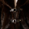 ⁦Short Faux Fur Coat with Leather Buckle Accents Brown⁩ - الصورة ⁦4⁩