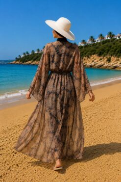 Alternative view of Patterned Adjustable Waist Chiffon Long Pareo Tan