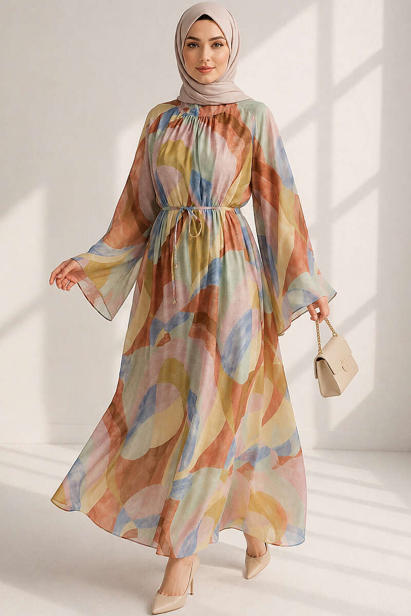 Patterned Belted Wide Sleeve Dress Assorted Colors – Bild 5