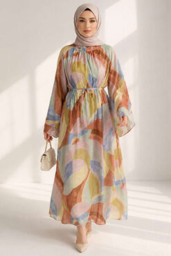 Alternative view of Patterned Belted Wide Sleeve Dress Assorted