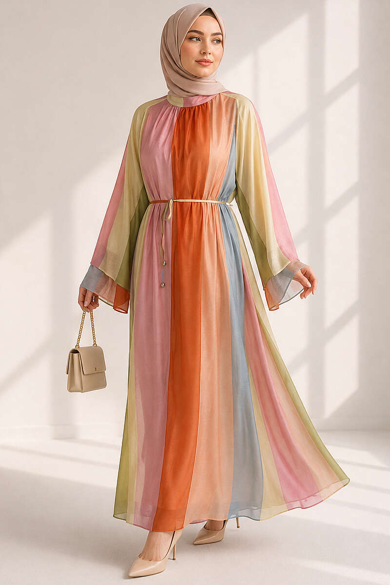 Patterned Belted Wide Sleeve Dress Assorted Colors