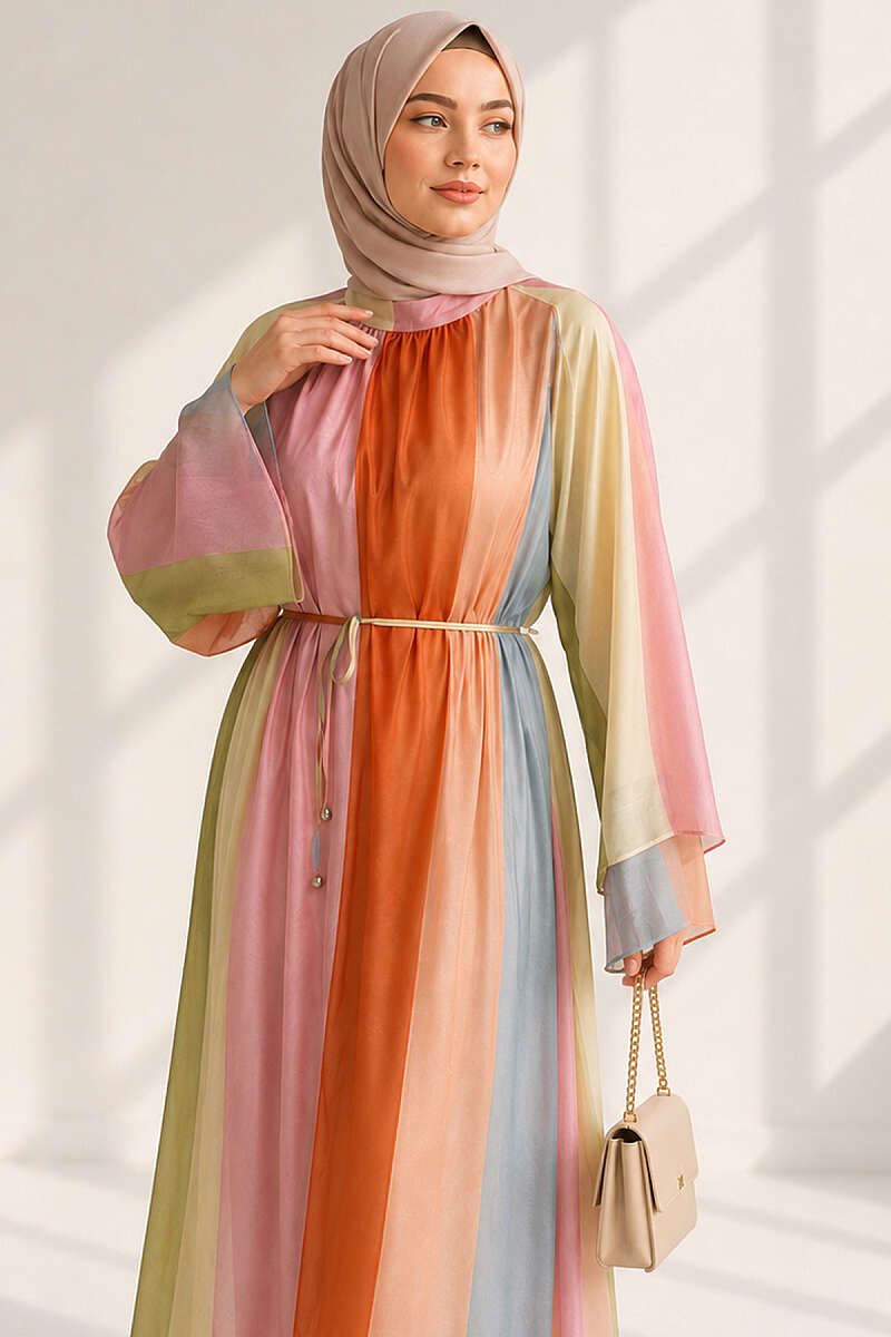 Patterned Belted Wide Sleeve Dress Assorted Colors – Bild 2