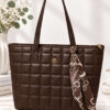 Patterned Quilted Women's Handbag with Ribbon Detailing Dark Brown