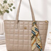 Patterned Quilted Women's Handbag with Ribbon Detailing Beige