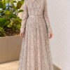 Embroidered Patterned Formal Dress Beige