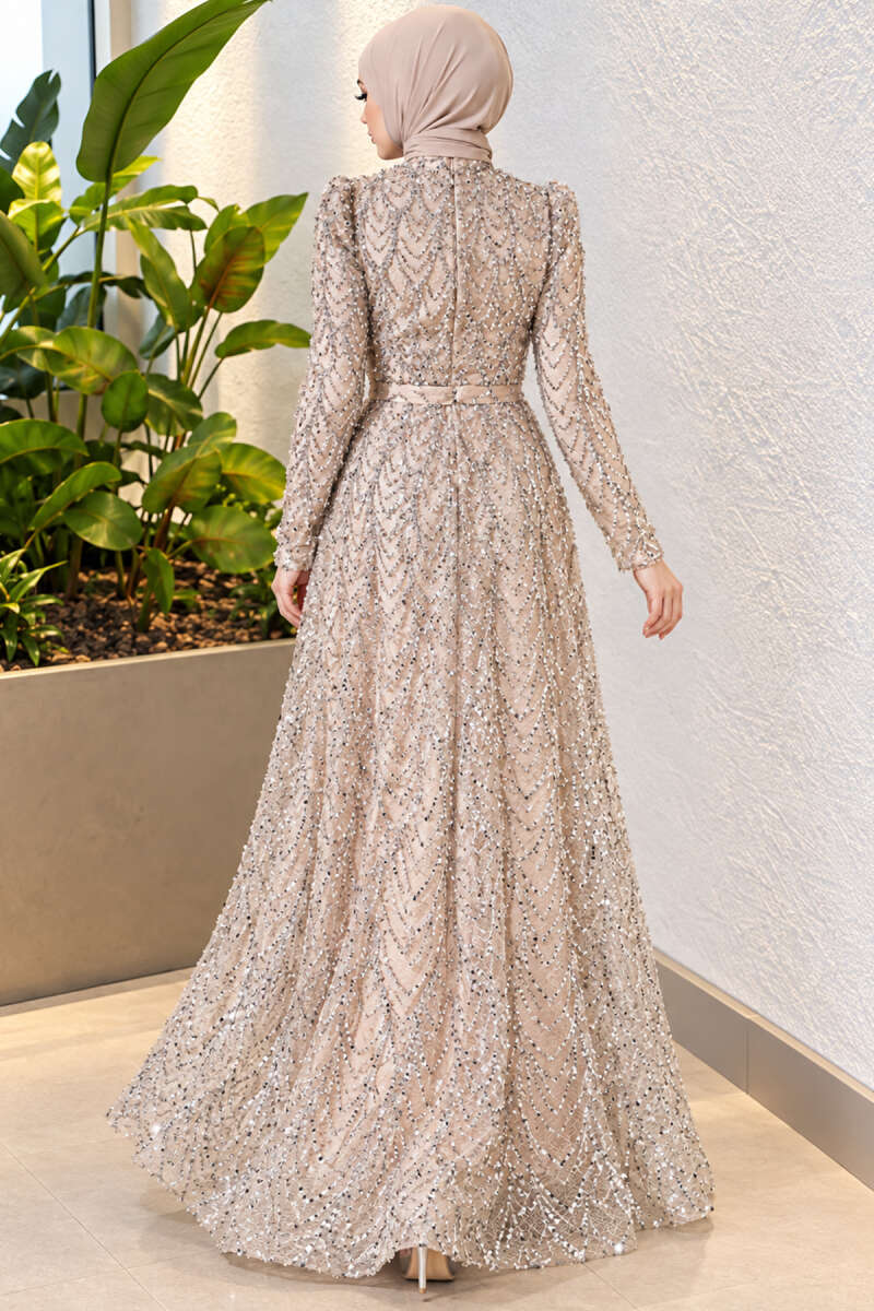 Embroidered Patterned Formal Dress Beige - الصورة 4