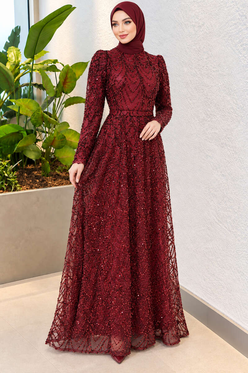 Embroidered Patterned Formal Dress Burgundy