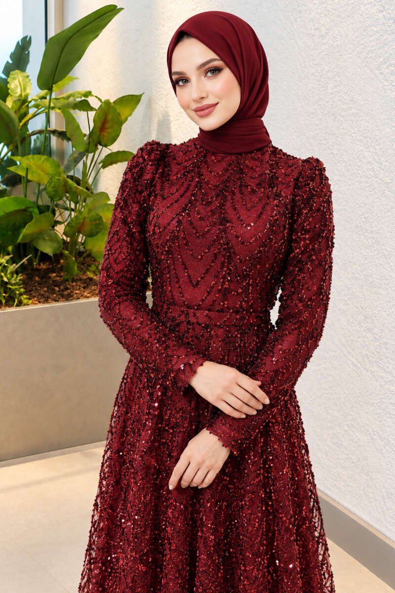 Embroidered Patterned Formal Dress Burgundy – Bild 2