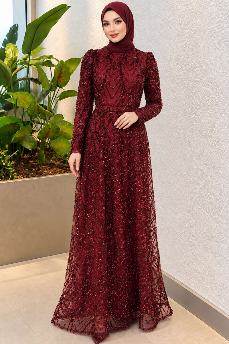Embroidered Patterned Formal Dress Burgundy – Bild 3