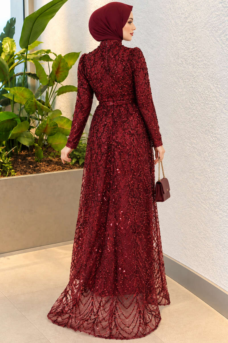 Embroidered Patterned Formal Dress Burgundy – Bild 4