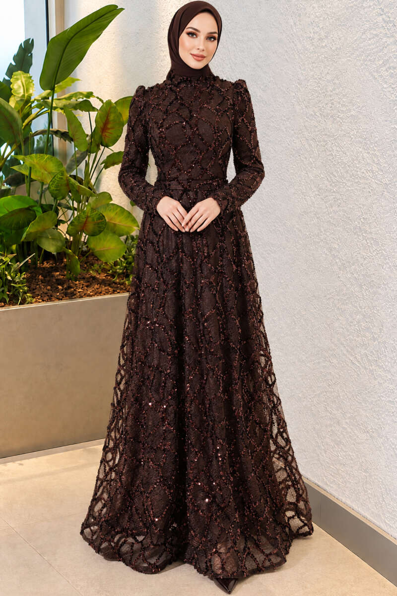 Embroidered Patterned Formal Dress Brown