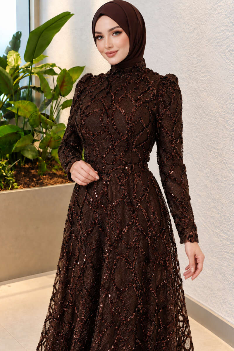 Embroidered Patterned Formal Dress Brown - Image 2