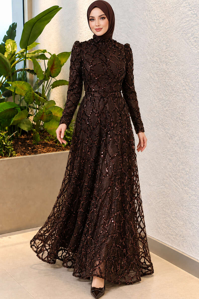 Embroidered Patterned Formal Dress Brown - Image 3