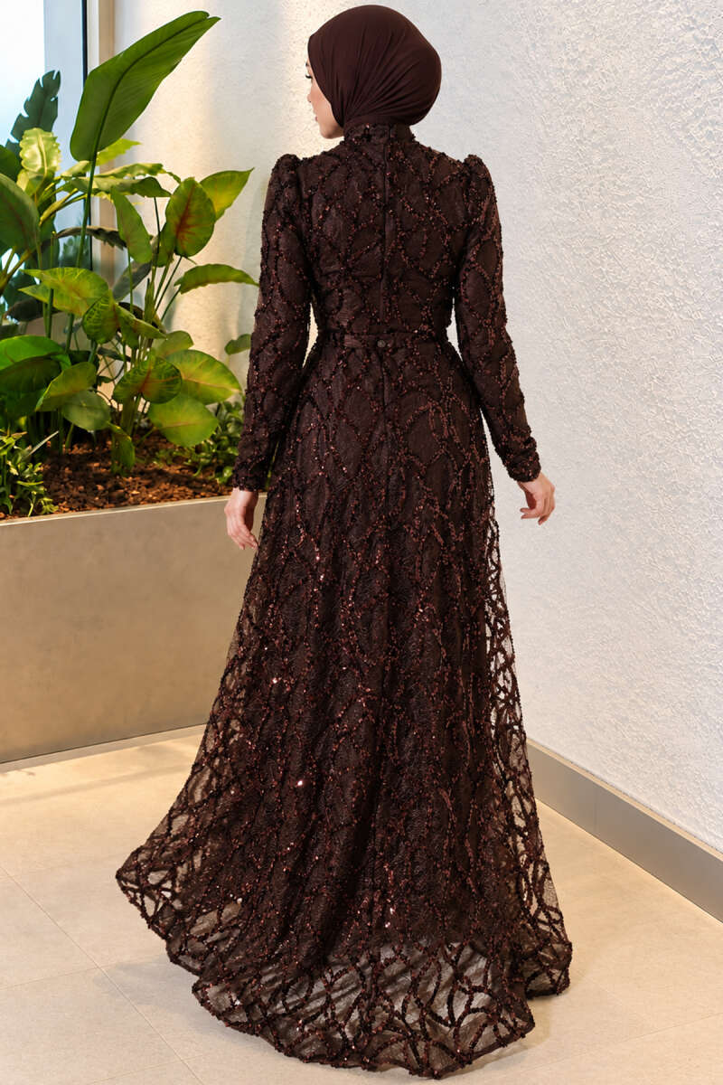 Embroidered Patterned Formal Dress Brown - Image 4