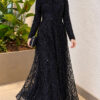 Embroidered Patterned Formal Dress Navy Blue – Image 3
