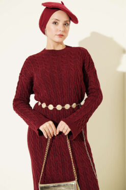 Alternative view of Patterned Knitted Hair Cable Dress Burgundy
