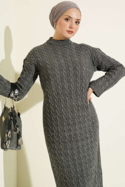Alternative view of Patterned Knitted Hair Cable Dress Smoke