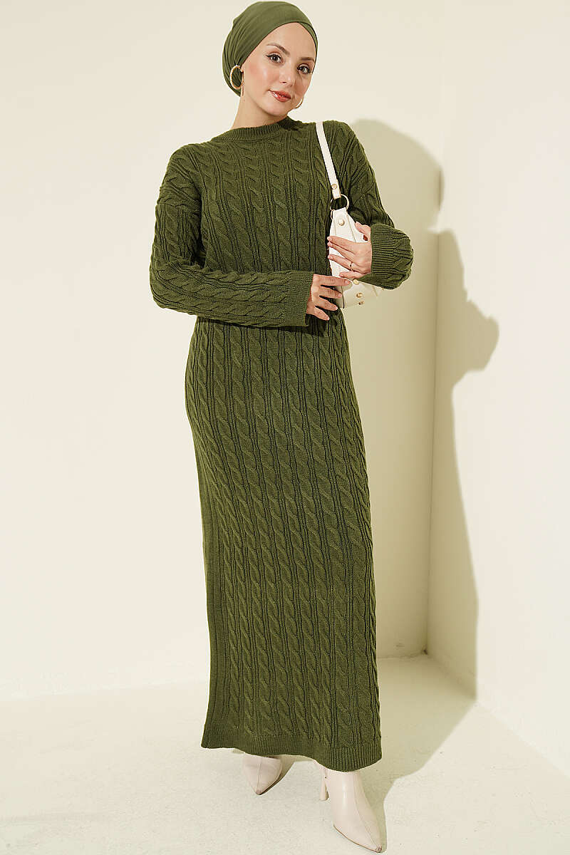 Patterned Knitted Hair Cable Dress Khaki