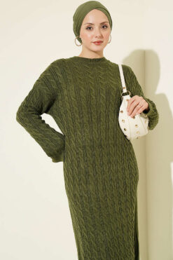 Alternative view of Patterned Knitted Hair Cable Dress Khaki