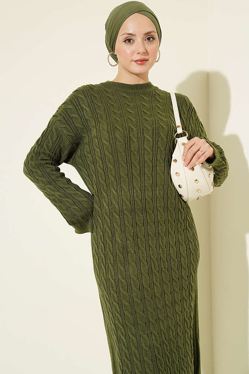 Patterned Knitted Hair Cable Dress Khaki - Imagen 2