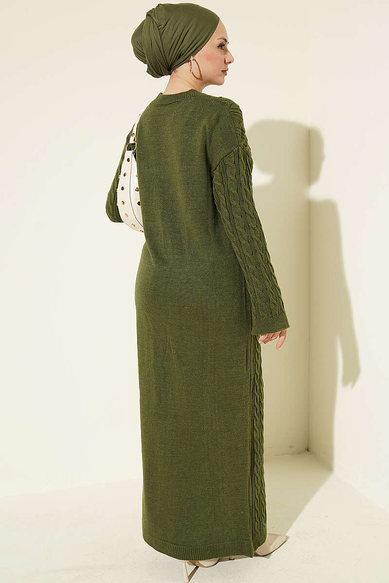 Patterned Knitted Hair Cable Dress Khaki - Imagen 3
