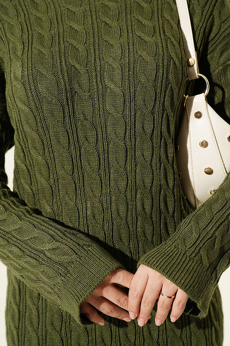 Patterned Knitted Hair Cable Dress Khaki - Imagen 4