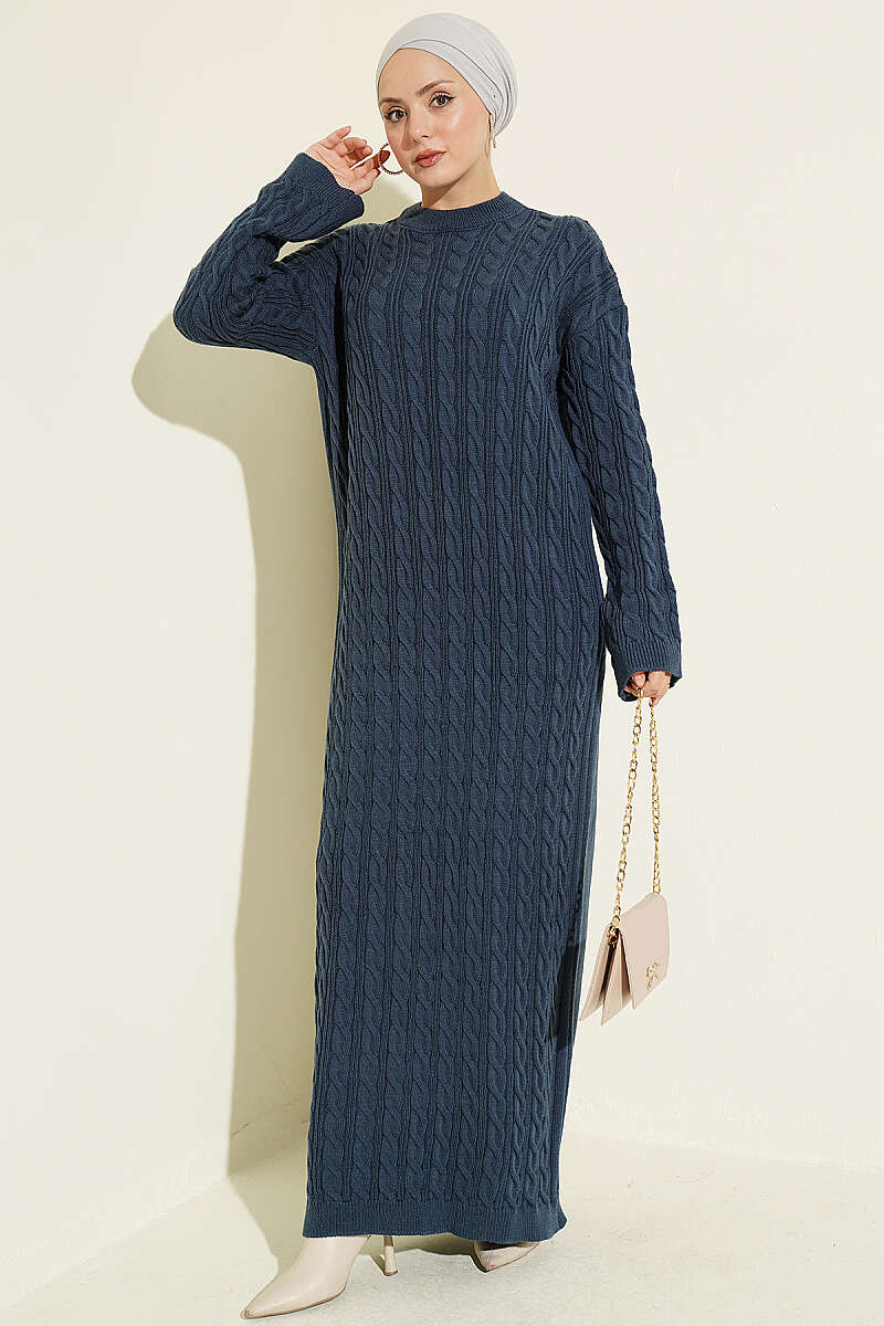 Patterned Knitted Hair Cable Dress Indigo