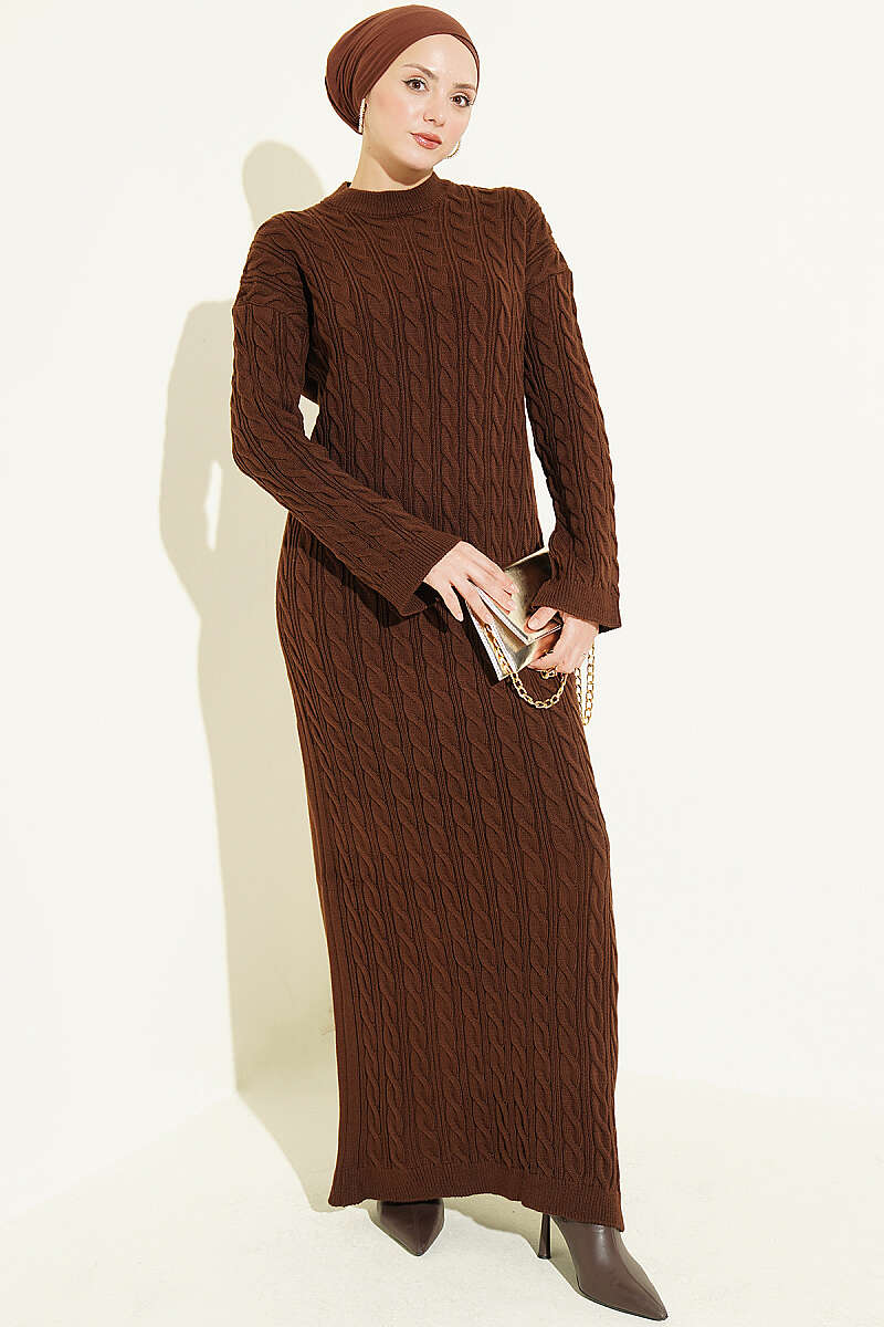 Patterned Knitted Hair Cable Dress Brown