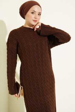 Alternative view of Patterned Knitted Hair Cable Dress Brown